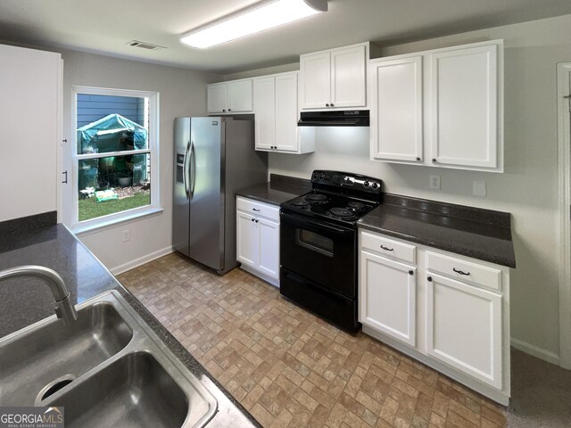 651 Walnut Woods Dr, Braselton, GA 30517 - kitchen featuring black range with electric stovetop, stainless steel refrigerator with ice dispenser, ventilation hood, brick patterned flooring, and white cabinets