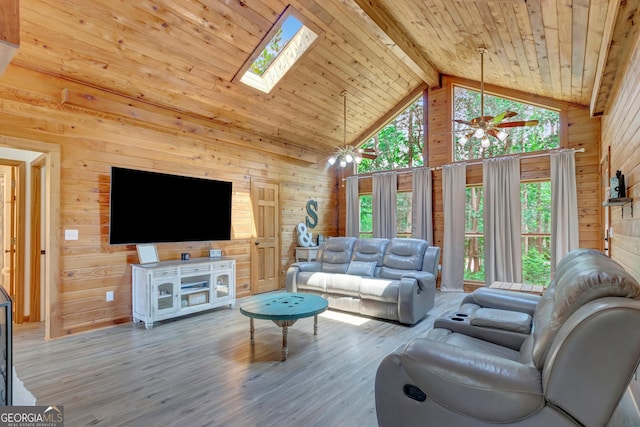 351 Weldon Rd, Palmetto, GA 30268 - living area featuring wood walls, a wooden ceiling with exposed beams, wood finished floors, ceiling fan, and high vaulted ceiling