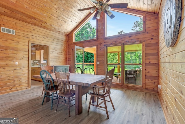 351 Weldon Rd, Palmetto, GA 30268 - dining area featuring wooden walls, a ceiling fan, wooden ceiling, hardwood / wood-style floors, and high vaulted ceiling
