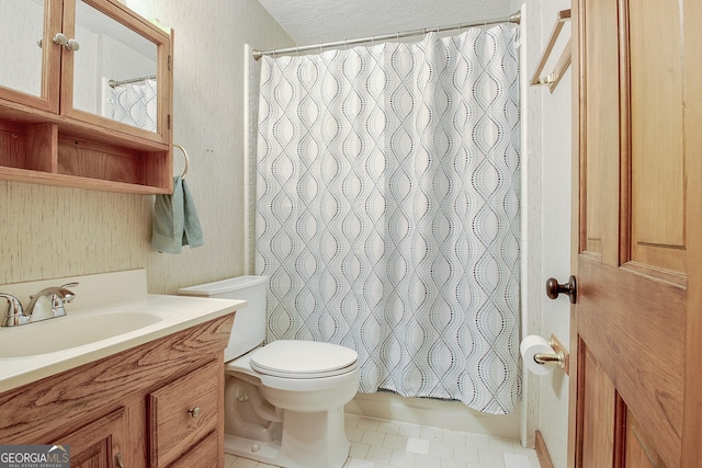 351 Weldon Rd, Palmetto, GA 30268 - full bathroom featuring vanity, tile patterned floors, a shower with curtain, and wallpapered walls