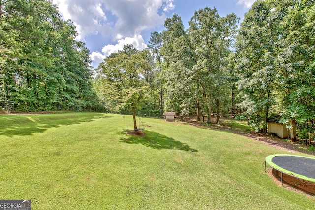351 Weldon Rd, Palmetto, GA 30268 - view of green lawn featuring a trampoline and a storage unit