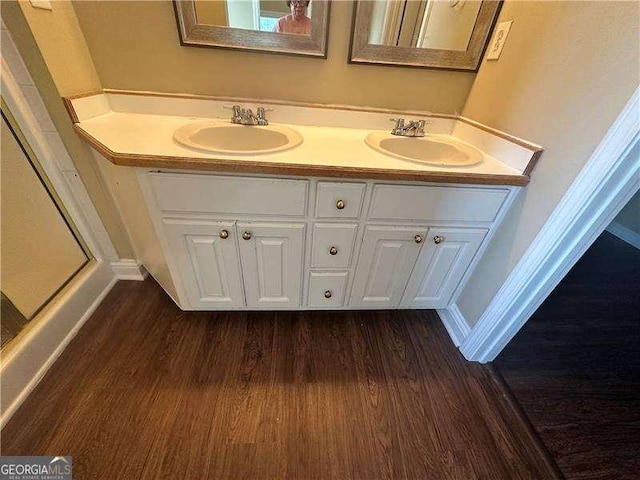 4189 Duncan Ives Dr, Buford, GA 30519 - bathroom featuring wood finished floors, double vanity, and a shower with door