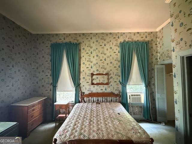 2205 Wilson Ave, Tifton, GA 31794 - bedroom with wallpapered walls, cooling unit, carpet flooring, and ornamental molding