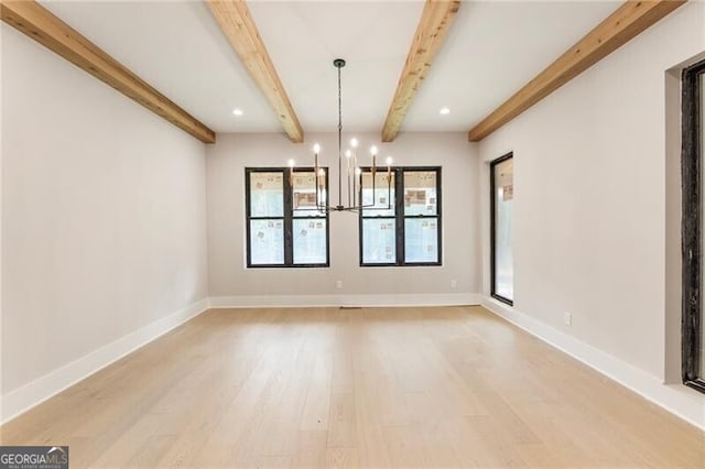 15792 Thompson Rd, Milton, GA 30004 - unfurnished dining area featuring light wood-type flooring, beamed ceiling, a chandelier, and recessed lighting