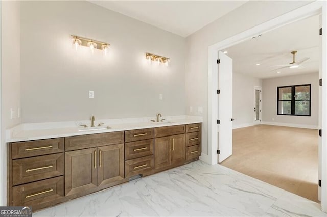 15792 Thompson Rd, Milton, GA 30004 - bathroom with ceiling fan, marble finish flooring, and double vanity