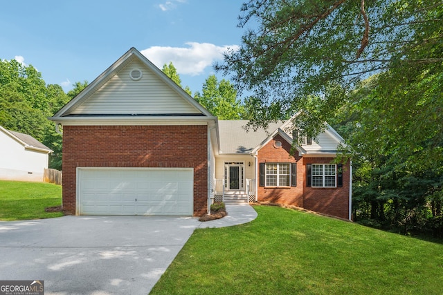 384 Daniel Mill Xing, Villa Rica, GA 30180 - view of front of house featuring brick siding, concrete driveway, a garage, and a front yard