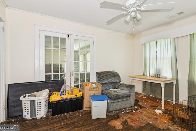 1494 Jeffersonville Rd, Macon, GA 31217 - sitting room with hardwood / wood-style flooring, french doors, a ceiling fan, and crown molding