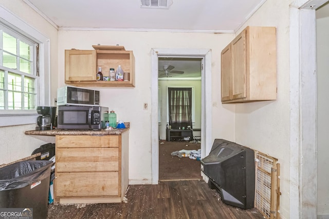 1494 Jeffersonville Rd, Macon, GA 31217 - kitchen featuring stainless steel microwave, light brown cabinetry, dark wood-style floors, a ceiling fan, and crown molding