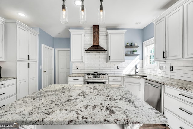 106 Big Cotton Trl, Mcdonough, GA 30252 - kitchen featuring stainless steel appliances, wall chimney range hood, open shelves, white cabinets, and decorative backsplash
