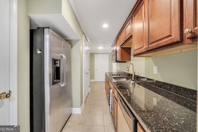106 Big Cotton Trl, Mcdonough, GA 30252 - kitchen with stainless steel refrigerator with ice dispenser, dishwashing machine, dark stone countertops, brown cabinets, and light tile patterned floors