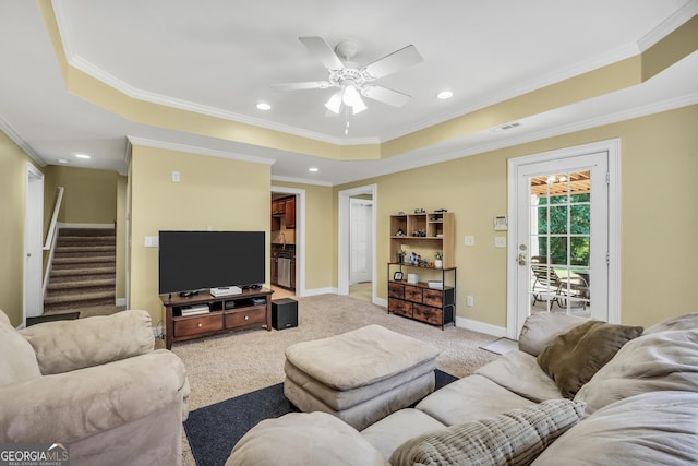 106 Big Cotton Trl, Mcdonough, GA 30252 - living area with a tray ceiling, crown molding, a ceiling fan, light carpet, and recessed lighting