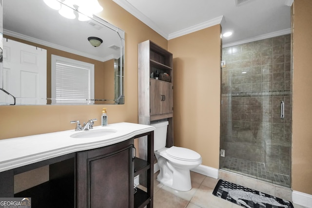 106 Big Cotton Trl, Mcdonough, GA 30252 - full bath featuring vanity, a stall shower, ornamental molding, and tile patterned floors