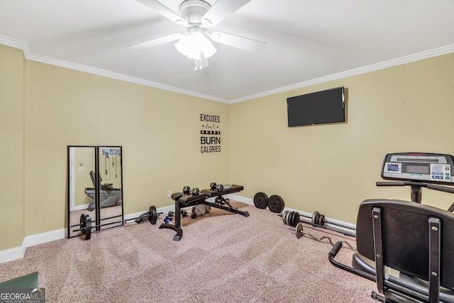106 Big Cotton Trl, Mcdonough, GA 30252 - exercise room featuring crown molding, ceiling fan, and carpet