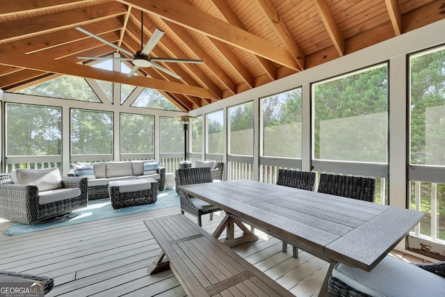 106 Big Cotton Trl, Mcdonough, GA 30252 - sunroom / solarium featuring an outdoor hangout area, a ceiling fan, and outdoor dining area