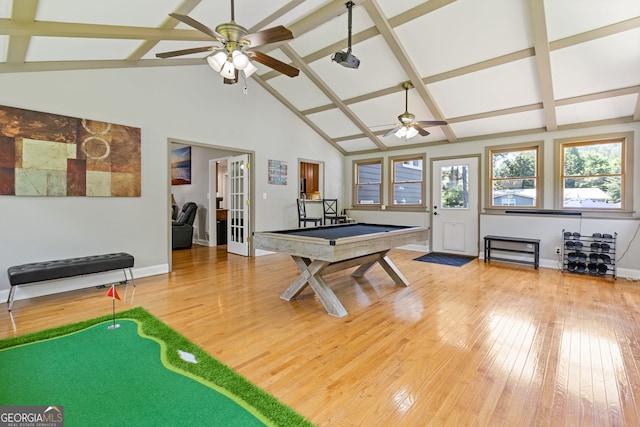 2421 Pittman Cir, Cumming, GA 30040 - game room featuring plenty of natural light, ceiling fan, light wood finished floors, high vaulted ceiling, and beamed ceiling