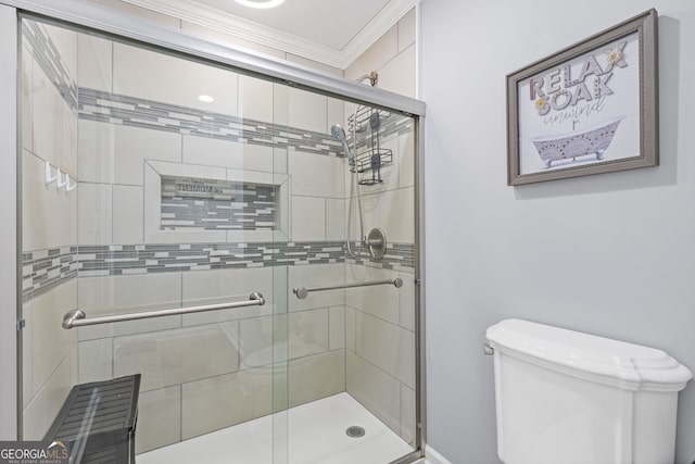 2421 Pittman Cir, Cumming, GA 30040 - bathroom featuring ornamental molding and a stall shower