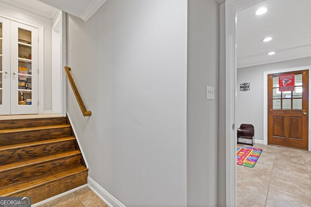2421 Pittman Cir, Cumming, GA 30040 - stairs with ornamental molding, recessed lighting, and tile patterned flooring