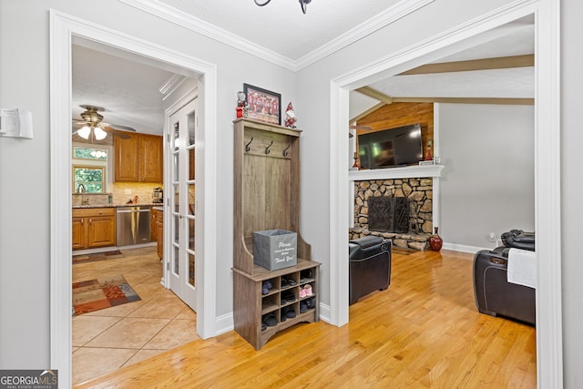 2421 Pittman Cir, Cumming, GA 30040 - hall featuring light wood-type flooring and crown molding