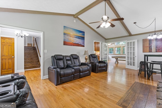 2421 Pittman Cir, Cumming, GA 30040 - living area with light wood finished floors, a chandelier, stairs, and a ceiling fan