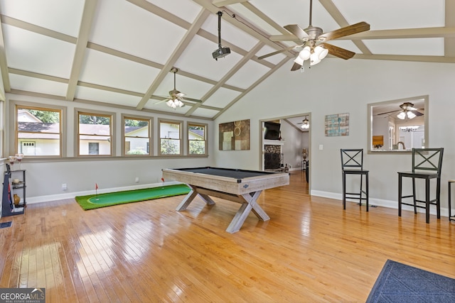 2421 Pittman Cir, Cumming, GA 30040 - game room with a ceiling fan, wood-type flooring, beam ceiling, high vaulted ceiling, and a stone fireplace