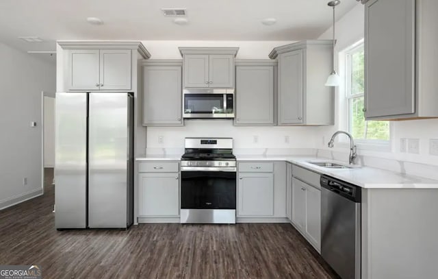 0 Nocona Trl, Ellijay, GA 30536 - kitchen with appliances with stainless steel finishes, gray cabinetry, dark wood-style flooring, and light countertops