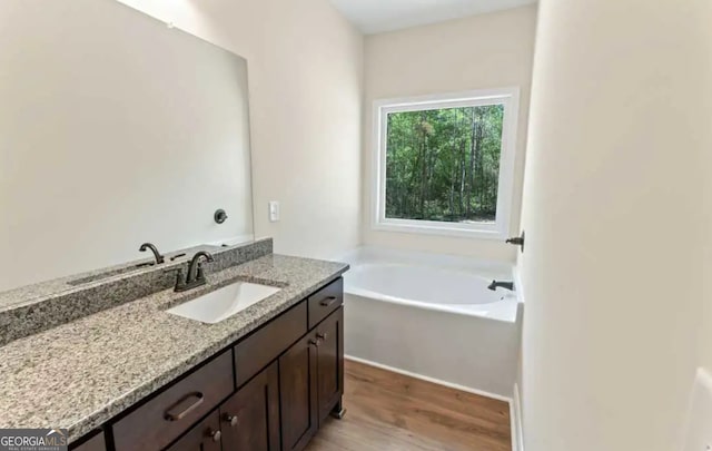 0 Nocona Trl, Ellijay, GA 30536 - bathroom with vanity, a bath, and wood finished floors
