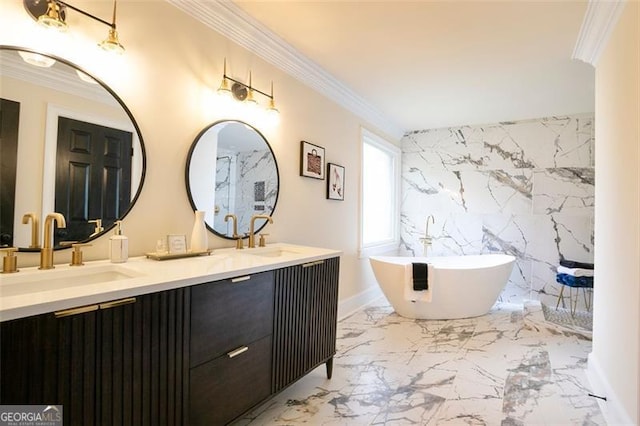 300 Saddle Creek Ln, Roswell, GA 30076 - bathroom with marble tiled flooring, crown molding, double vanity, and a freestanding tub