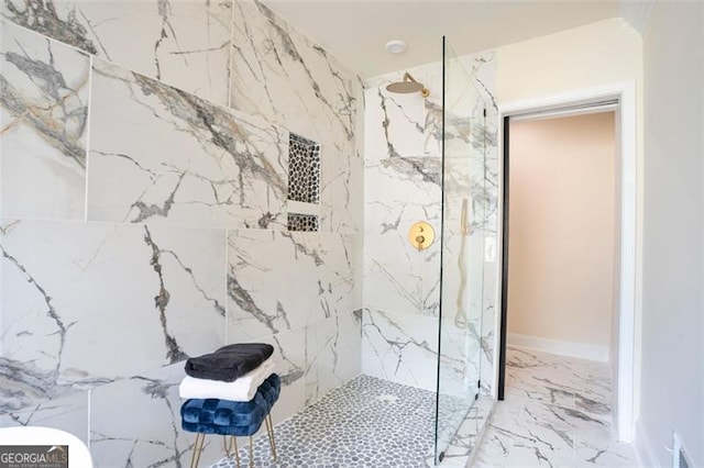 300 Saddle Creek Ln, Roswell, GA 30076 - bathroom with a marble finish shower, marble tiled floors, and stone wall