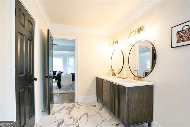 300 Saddle Creek Ln, Roswell, GA 30076 - bathroom featuring double vanity, marble finish floors, crown molding, and connected bathroom