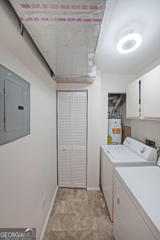 3907 Cedar Cir, Tucker, GA 30084 - laundry room featuring gas water heater, electric panel, separate washer and dryer, and cabinet space
