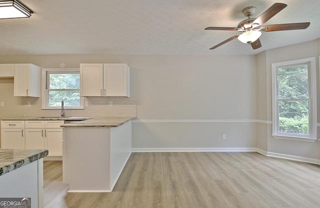 85 Holly Springs Rd, Sharpsburg, GA 30277 - kitchen with light wood-style floors, white cabinetry, backsplash, light stone countertops, and a textured ceiling