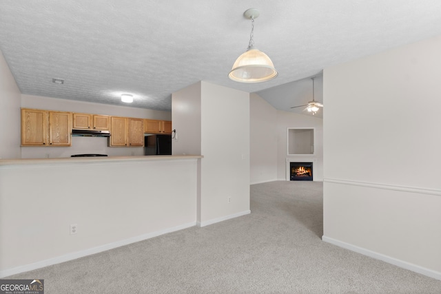 120 Bramble Bush Trl, Covington, GA 30014 - kitchen featuring freestanding refrigerator, under cabinet range hood, carpet, a ceiling fan, and a lit fireplace