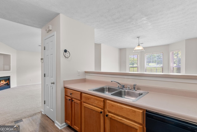 120 Bramble Bush Trl, Covington, GA 30014 - kitchen with dishwasher, light countertops, a textured ceiling, a warm lit fireplace, and wood finished floors