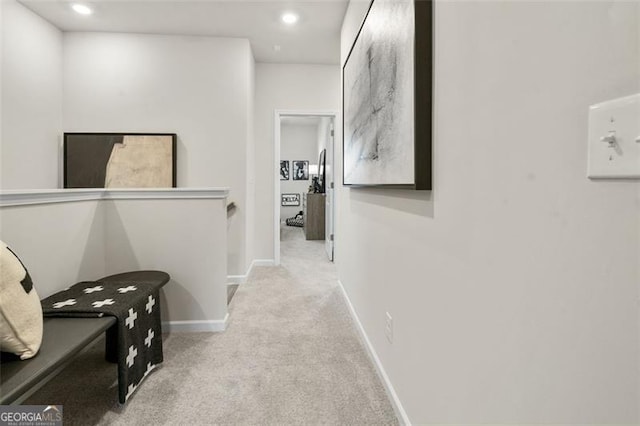 402 Nix Ln, Lawrenceville, GA 30046 - hall with carpet, recessed lighting, and an upstairs landing