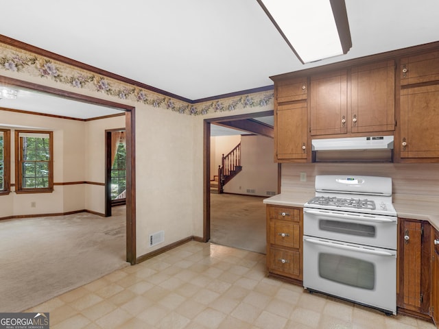 25 Ridgeview Dr, Jonesboro, GA 30236 - kitchen featuring range with two ovens, under cabinet range hood, light colored carpet, brown cabinetry, and light countertops