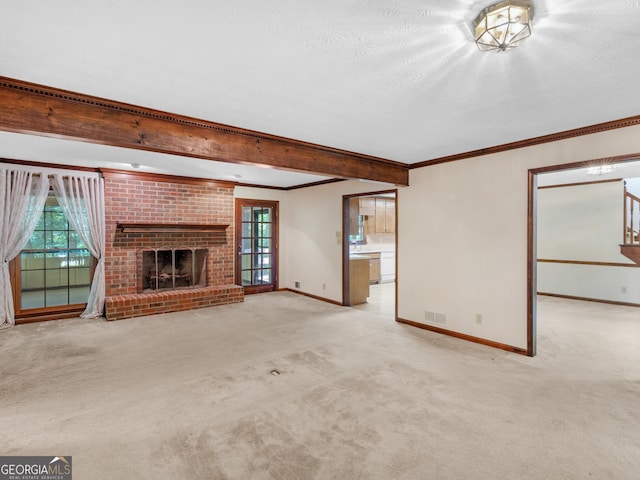25 Ridgeview Dr, Jonesboro, GA 30236 - unfurnished living room featuring carpet floors, beamed ceiling, a brick fireplace, stairs, and ornamental molding