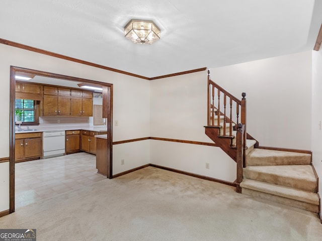 25 Ridgeview Dr, Jonesboro, GA 30236 - unfurnished living room featuring stairs, light carpet, and ornamental molding