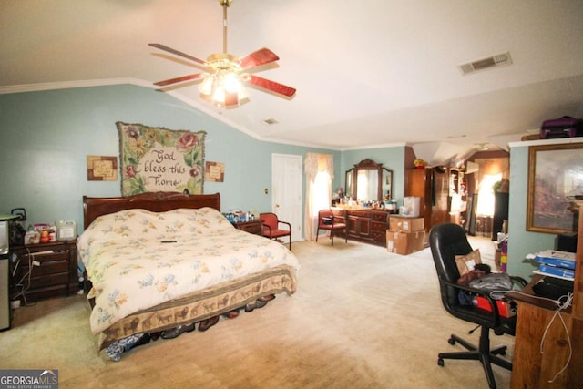1455 Duren Farms Dr, Lithonia, GA 30058 - bedroom with ornamental molding, carpet, vaulted ceiling, a desk, and ceiling fan