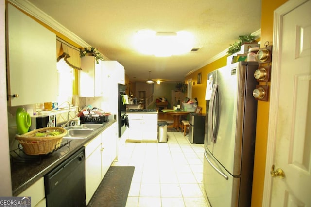 1455 Duren Farms Dr, Lithonia, GA 30058 - kitchen featuring black appliances, ornamental molding, white cabinetry, light tile patterned floors, and dark countertops