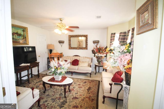1455 Duren Farms Dr, Lithonia, GA 30058 - carpeted living area with ceiling fan