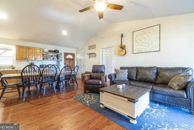 444 Miners Mountain Rd, Sautee Nacoochee, GA 30571 - living area with a ceiling fan, lofted ceiling, and light wood-style floors