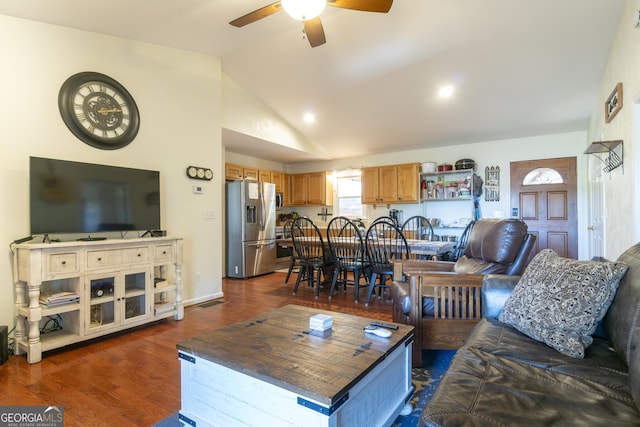 444 Miners Mountain Rd, Sautee Nacoochee, GA 30571 - living room featuring a ceiling fan, lofted ceiling, and dark wood-style floors