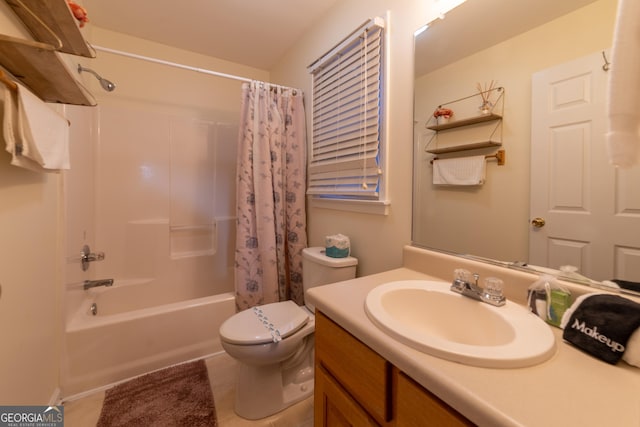 444 Miners Mountain Rd, Sautee Nacoochee, GA 30571 - full bath featuring vanity, shower / bathtub combination with curtain, and tile patterned floors
