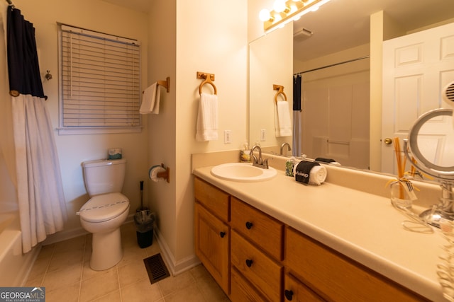 444 Miners Mountain Rd, Sautee Nacoochee, GA 30571 - bathroom with vanity, tile patterned flooring, and shower / tub combo with curtain