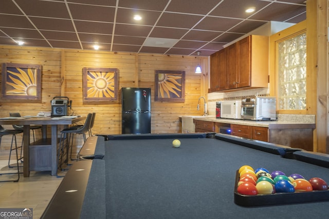 444 Miners Mountain Rd, Sautee Nacoochee, GA 30571 - recreation room with billiards table, a drop ceiling, wood walls, and light wood-style flooring