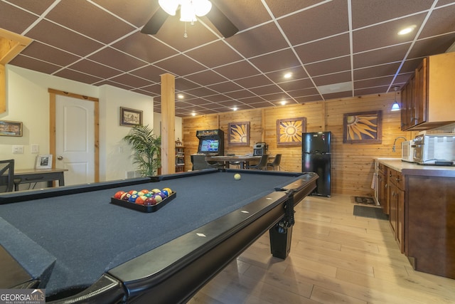444 Miners Mountain Rd, Sautee Nacoochee, GA 30571 - recreation room featuring a drop ceiling, wooden walls, light wood-style flooring, billiards, and ceiling fan