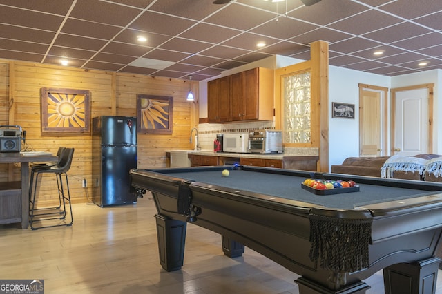 444 Miners Mountain Rd, Sautee Nacoochee, GA 30571 - playroom with a drop ceiling, light wood-type flooring, pool table, recessed lighting, and wooden walls