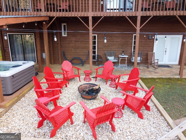 444 Miners Mountain Rd, Sautee Nacoochee, GA 30571 - patio / terrace featuring an outdoor fire pit, a hot tub, and a patio area