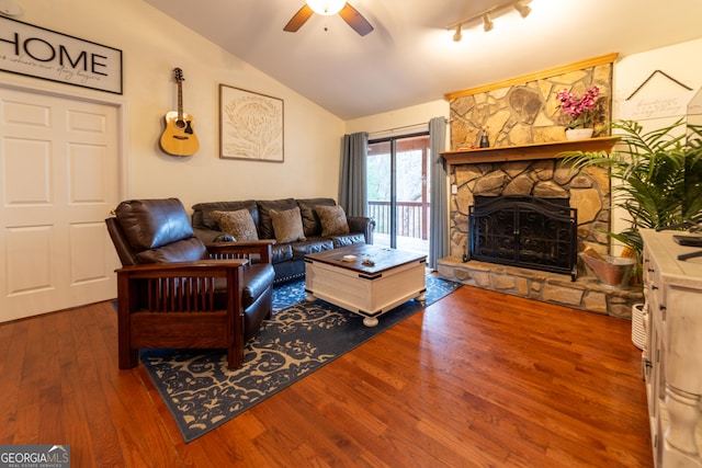 444 Miners Mountain Rd, Sautee Nacoochee, GA 30571 - living area with ceiling fan, vaulted ceiling, wood finished floors, and a fireplace