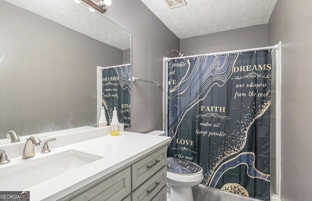 3514 Blackberry, Conyers, GA 30094 - full bathroom with a textured ceiling, vanity, a shower with curtain, and wood finished floors